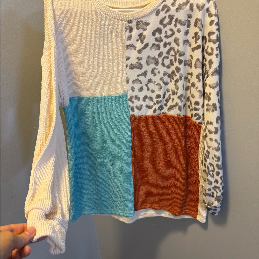 Colorblock Leopard Print Crewneck Sweater Top - Cream, Turquoise & Rust